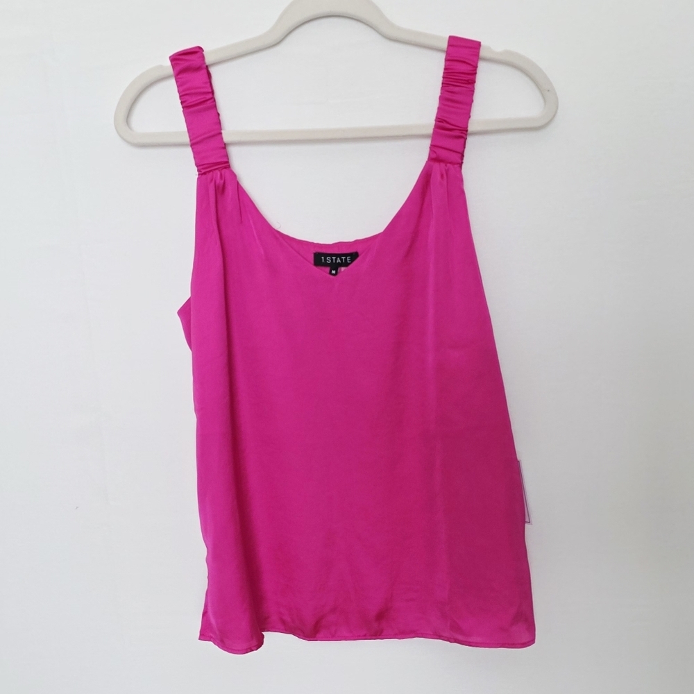 NWT 1. State Silky Sleeveless Ruffle Strap Rumple Hot Pink Tank Women's Size M